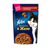 Влажный корм Felix Sensations для взрослых кошек, с говядиной в желе с томатами