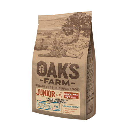 Oaks Farm Grain Free Junior All Breeds Беззерновой сухой корм для собак всех пород от 3 до 12 мес., (лосось и криль), 2 кг - фото 1