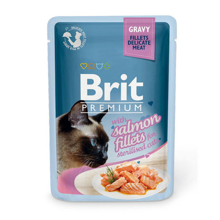 Brit Premium GRAVY Влажный корм для стерилизованных кошек (кусочки из филе лосося в соусе), 85 гр