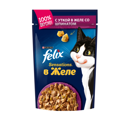 Felix Sensations Кусочки мяса в желе для взрослых кошек (с уткой и шпинатом), 85 гр - фото 1