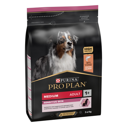 Сухой корм PRO PLAN® для взрослых собак средних пород с чувствительной кожей, с высоким содержанием лосося, 3 кг 