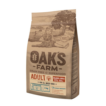 Oaks Farm Grain Free Adult All Breeds беззерновой сухой корм для взрослых собак всех пород (лосось и криль), 2 кг - фото 1