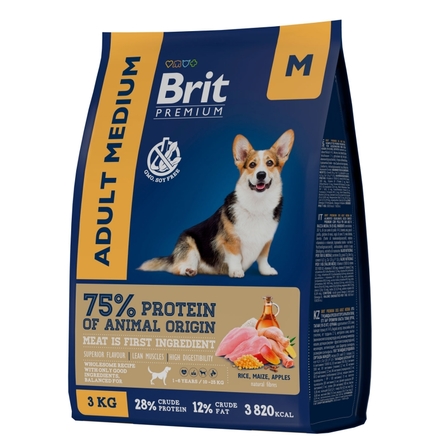 Brit Premium Adult M Корм для собак средних пород с курицей, 3кг - фото 1