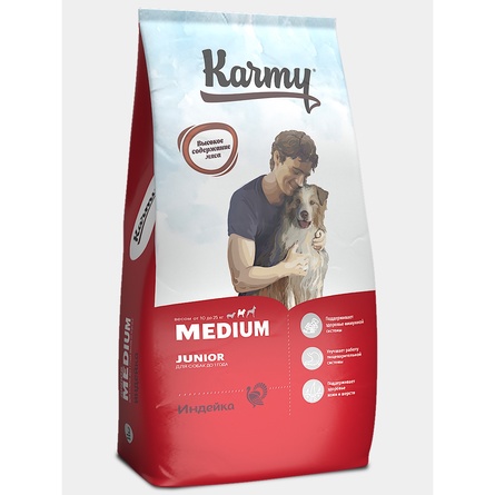 Karmy Junior Medium Полнорационный сухой корм для щенков средних пород до 1 года, с индейкой, 14 кг - фото 1