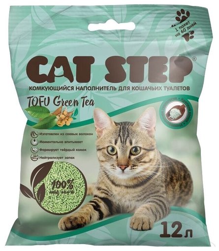 CAT STEP Tofu Green Tea Наполнитель комкующийся растительный, 12 л , 12 л - фото 1