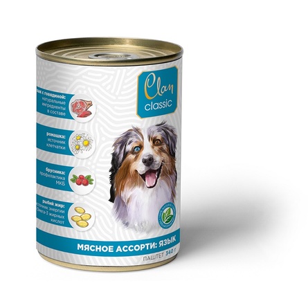 Купить Clan Classic Паштет для взрослых собак всех пород (мясное ассорти с языком, брусникой и ромашкой), 340 гр за 169.00 ₽
