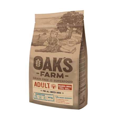Oaks Farm Grain Free Adult All Breeds беззерновой сухой корм для взрослых собак всех пород (лосось и криль), 18 кг - фото 1