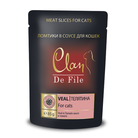 Clan De File Кусочки в соусе для взрослых кошек (с телятиной в томатном соусе), 85 гр