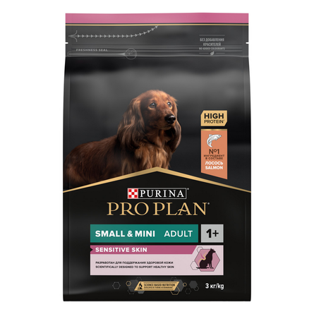 Pro Plan OptiDerma Small & Mini Adult Сухой корм для взрослых собак мелких пород с чувствительной кожей (с лососем и рисом), 3 кг - фото 1