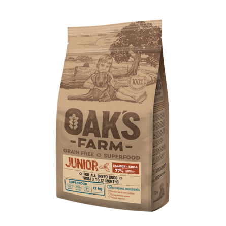 Oaks Farm Grain Free Junior All Breeds сухой корм для собак всех пород от 3 до 12 мес., (лосось и криль), 12 кг - фото 1