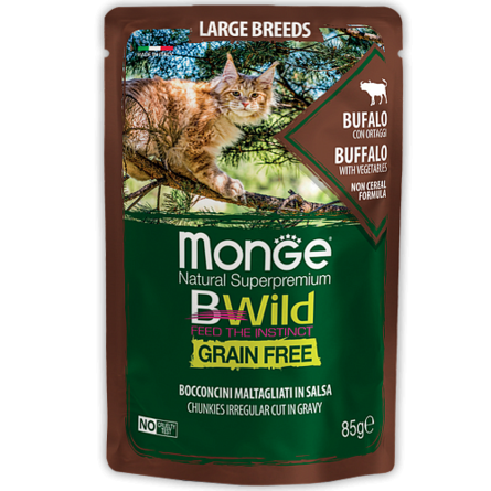 Monge Cat BWild Grain Free Пауч для котят и кошек крупных пород, мясо буйвола с овощами, 85 г