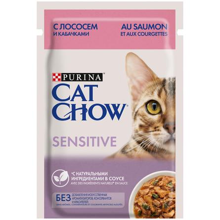 Cat Chow Sensitive Влажный корм для взрослых кошек с чувствительным пищеварением (с лососем и кабачками в соусе) - фото 1