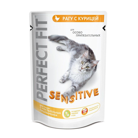 Perfect Fit Sensitive Кусочки паштета в соусе для взрослых кошек с чувствительным пищеварением (с курицей), 85 гр