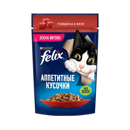 Влажный корм Felix Аппетитные кусочки для взрослых кошек с говядиной в желе, 75 г - фото 1
