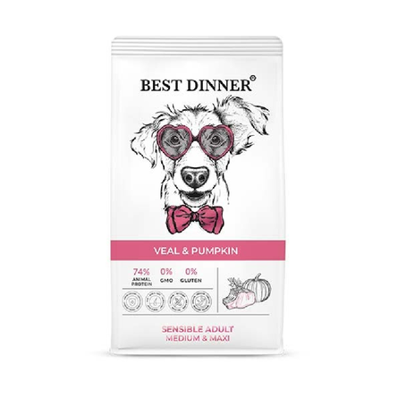 Best Dinner Сухой корм с телятиной и тыквой для собак средних и крупных пород с чувствительным пищеварением, 3 кг – интернет-магазин Ле’Муррр