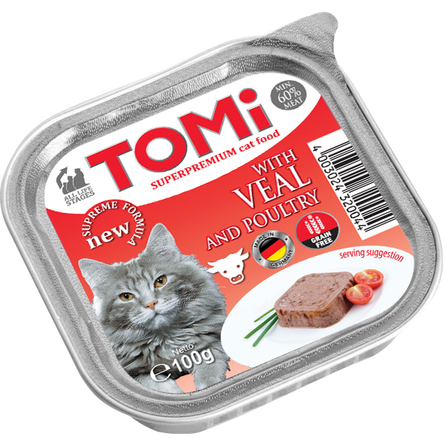 ToMi Кусочки паштета в соусе для взрослых кошек (с телятиной и птицей), 100 гр