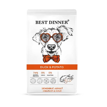 Best Dinner Сухой корм с уткой и картофелем для собак средних и крупных пород с чувствительным пищеварением, 12 кг 