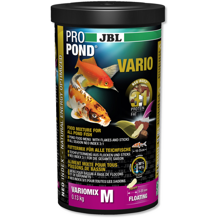 JBL ProPond Vario M Основной корм в форме плавающих палочек и хлопьев для прудовых рыб среднего размера, 130 гр