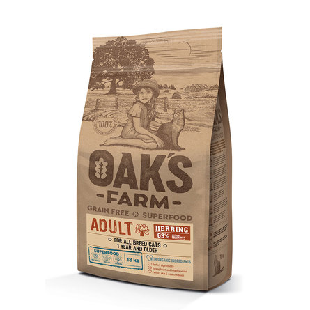 Oaks Farm Grain Free Adult Cat Беззерновой сухой корм для кошек (сельдь), 18 кг - фото 1