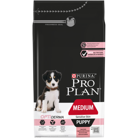 Pro Plan OptiDerma Medium Puppy Сухой корм для щенков средних пород с чувствительной кожей (с лососем и рисом), 1,5 кг - фото 1