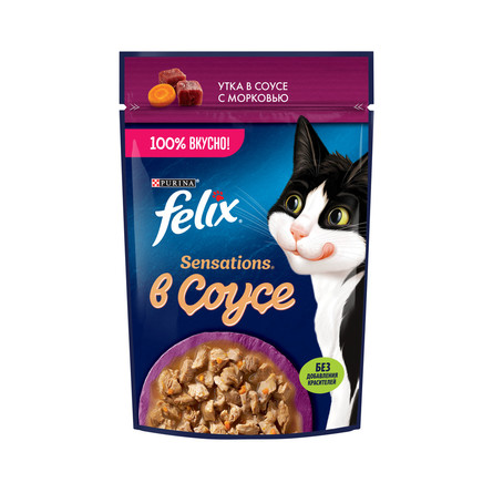 Влажный корм Felix Sensations для взрослых кошек с уткой в соусе с морковью, 75 г - фото 1