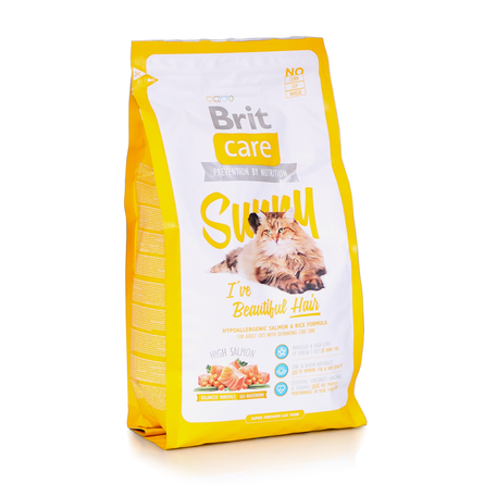 Brit Care Cat Sunny Beautiful Hair Сухой корм для взрослых длинношерстных кошек (с лососем и курицей), 2 кг - фото 1